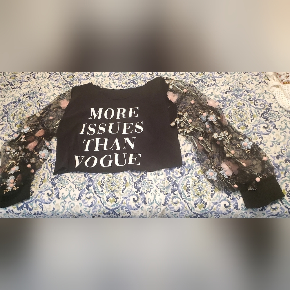 Women's Black Graphic Top with Floral Sleeves